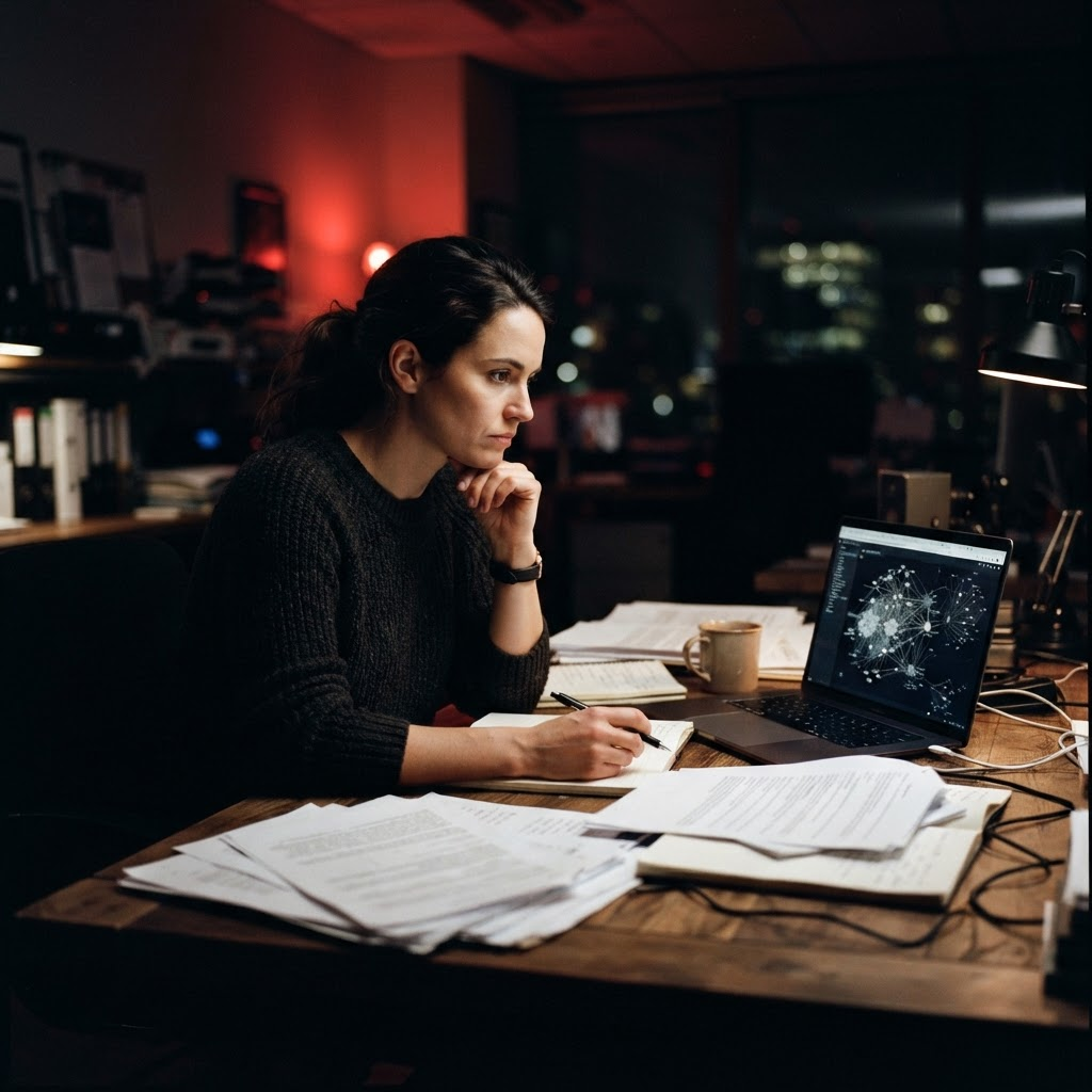 Researcher reviewing evidence at a desk